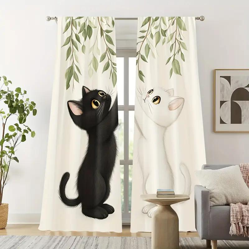 2Pcs- Elegant Cat Print Curtains, Pole Bag Curtains, Bedroom And Living Room, Home Decoration, Room Decoration