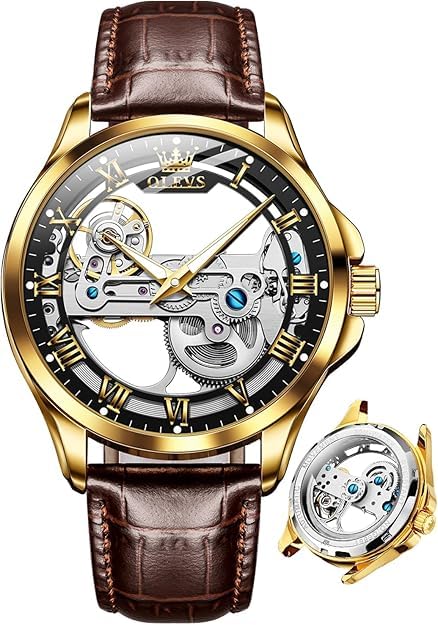 

Механические автоматические часы с ручным заводом OLEVS с прозрачным скелетоном, модные и стильные кожаные часы со светящимися стрелками, коричневые, черные, мужские и