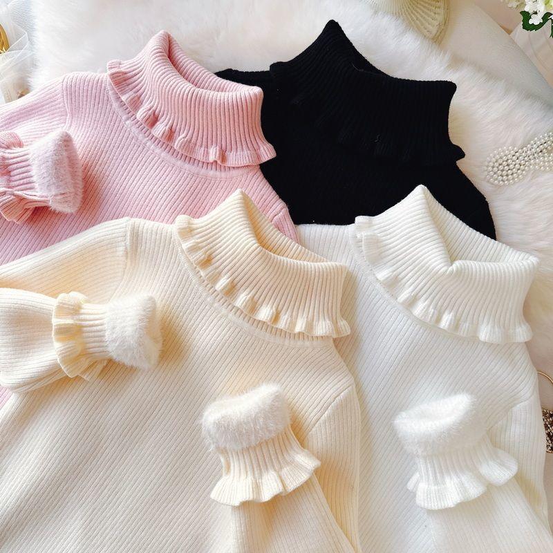 Pull pour filles à col montant et col en dentelle Hiver Une pièce Velours Pull pour enfants de couleur unie avec pull en velours épais