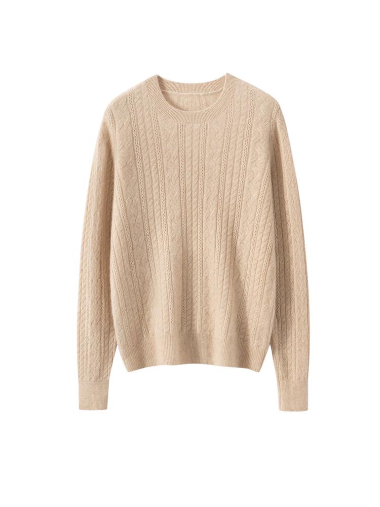 Women's Cable Knit Cashmere Sweater - Round Neck, Soft Pullover, Loose Fit, Perfect for Autumn & Winter.
