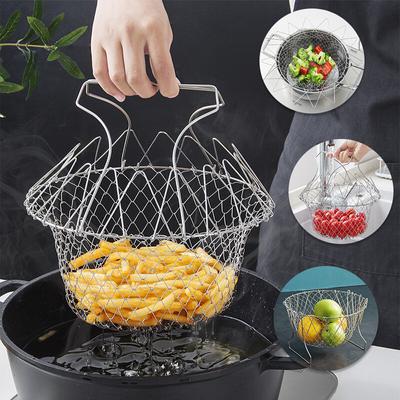 Foldable Fry Basket Stainless Steel Steam Rinse Strain Fry Chef Basket French Fry Mesh Basket Strainer Net Kitchen Cooking Tool