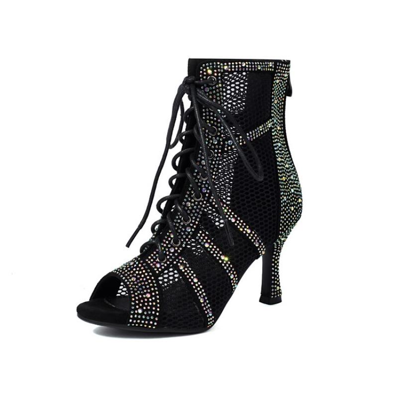Fashion Water Diamond Hollow Out Fish Mouth Cross Strap Cool Boots European American Women 8cm High Heels Jazz Dance Latin Dance Sandals