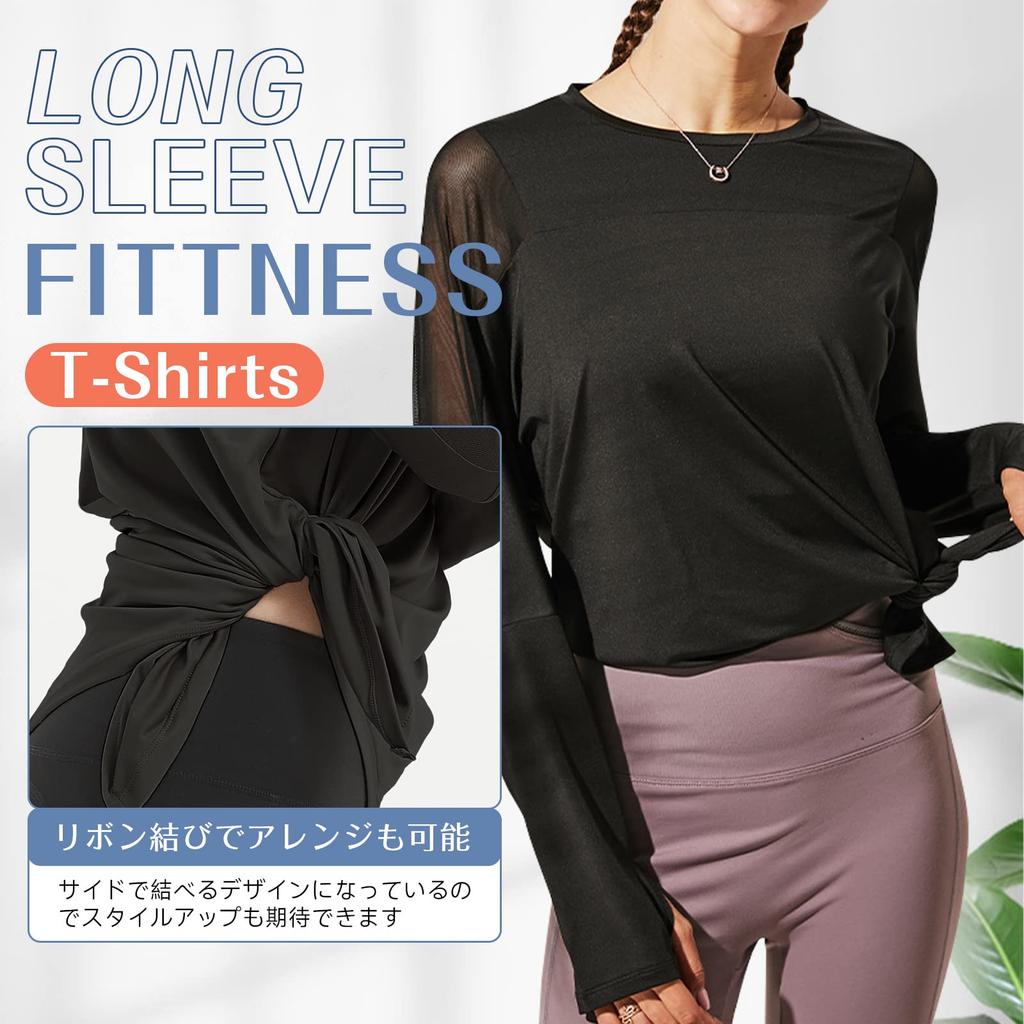Barifall Yoga Loose Fitness Long Women's T-Shirt, Fit, Top, Sleeve, Stretch, Moisture-Wicking, Quick-Drying, 030-BK-L