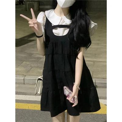 Small School Style Sweet and Cool Hot Girl POLO Collar Puff Sleeve Dress Fake Two-piece Skirt