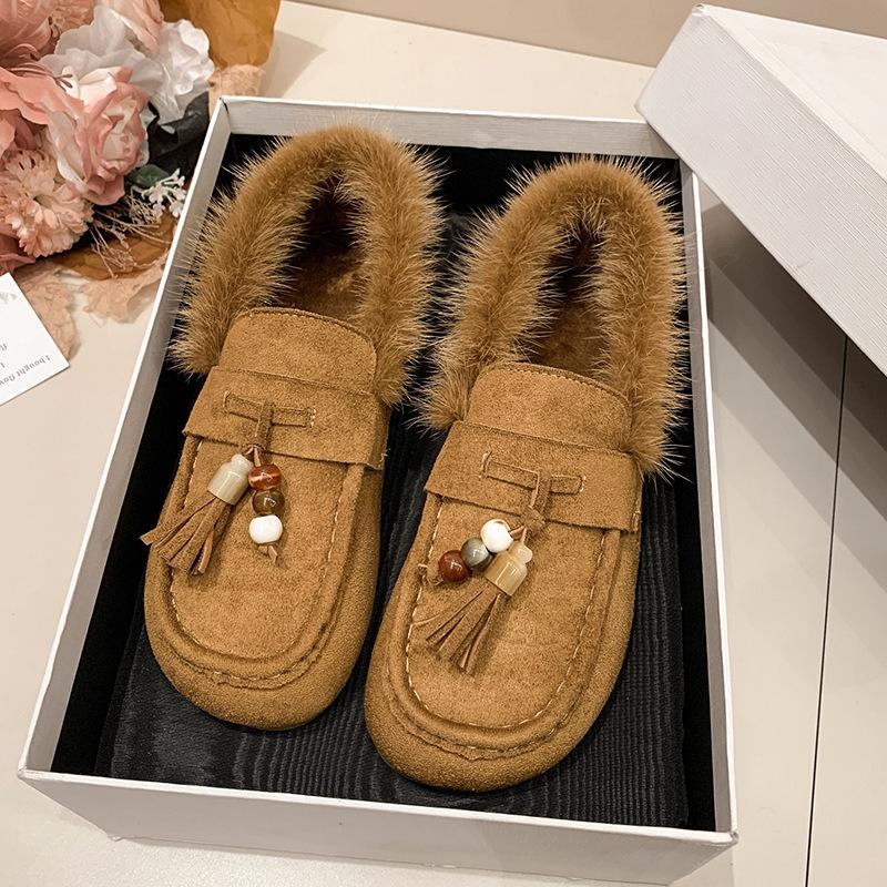 Boken shoes women's 2025 autumn new soft-soled suede one-pedal loafers beaded tassel fashion versatile cotton shoes