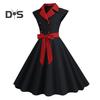Elegant Ladies Dress Dot Printed Lapel Collar Bow On Waist Sweet Style Casual Party Dress Sleeveless Tight Waist Slim Mid-length Dress Women Summer