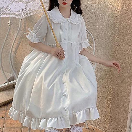 Lady Lazy Lolita Short Sleeve Round White Dress, Collar, Knee-Length, (L)