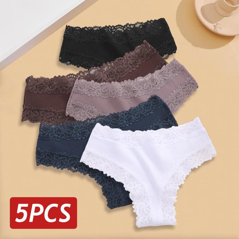 5 STÜCKE/Set Damen Spitze Nahtlose Baumwollslips Sexy Brazilian Hosen Gerippt Atmungsaktiv Mädchen Unterwäsche Weich Übergröße Dessous S-XL