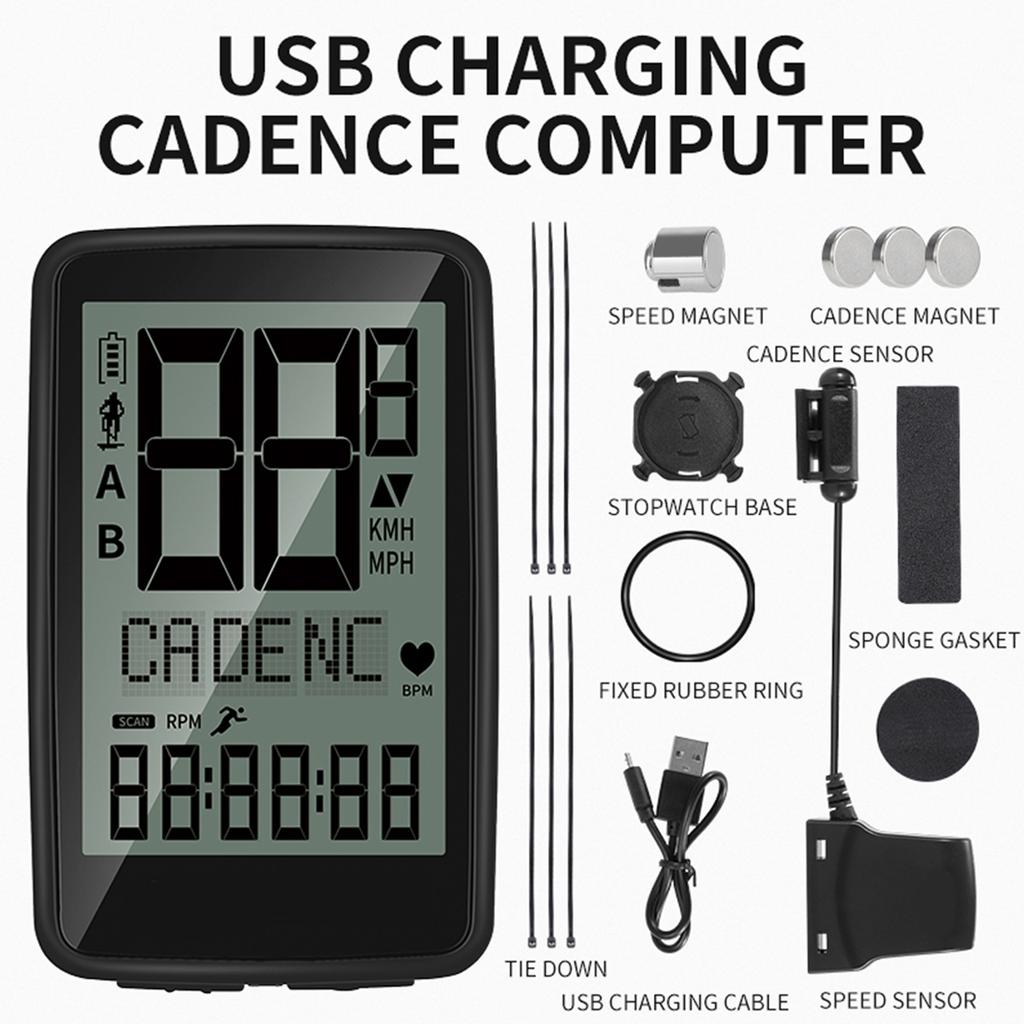 Wireless Bilingual Cadence Mileometer Multi-functional Daily Waterproof Full Screen Backlight Mountain Bike Speed Meter USB Cycle
