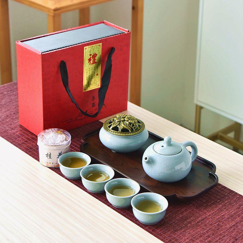 Guochao Ge Kiln Kung Fu Tee-Set Geschenkbox-Set Kreative Keramik Ein Topf Vier Tassen Leichte Luxusgeschenke mit Räuchergefäß