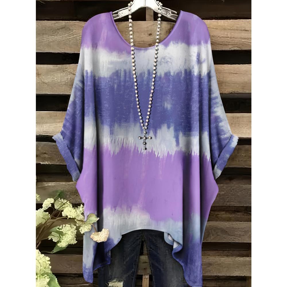 Modne koszulki z gradientem dla kobiet Lato Prosta koszulka z gradientem z nieregularnym dołem z okrągłym dekoltem i krótkim rękawem Wszechstranna odzież damska