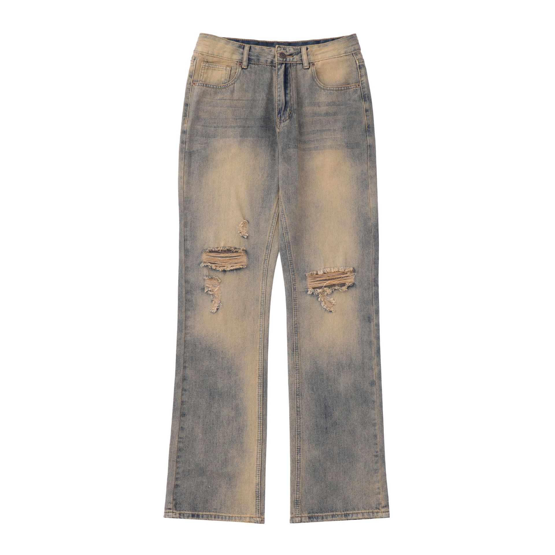 

Прямые желтые грязевые джинсы с американским принтом и крашением, мужские модные брендовые узкие женские джинсы с рваными дырками в стиле High Street L синий