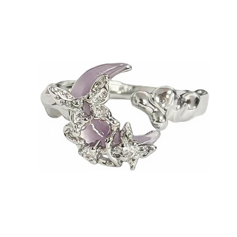 Sweet And Cool Purple Moon Flower Opening Ring Fashion High-End Niche Design Exquisite Light Luxury Ring Woman