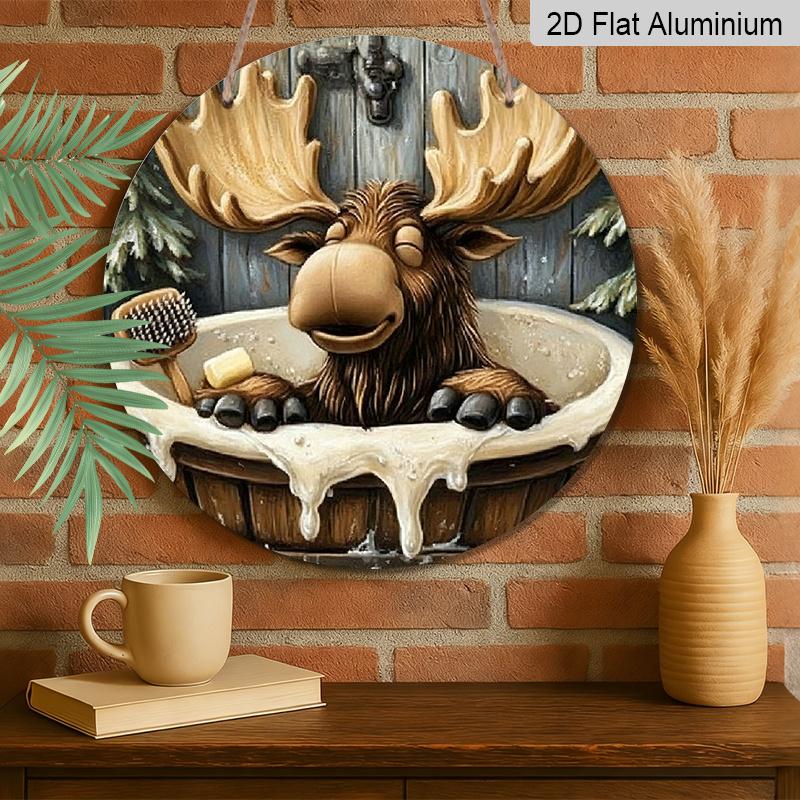 2D Flat, 1pc Round "Charming Moose Bathroom Theme" Aluminum Wall Sign, Funny Moose Bath Time Vintage Lodge Design, Durable Weatherproof Decor