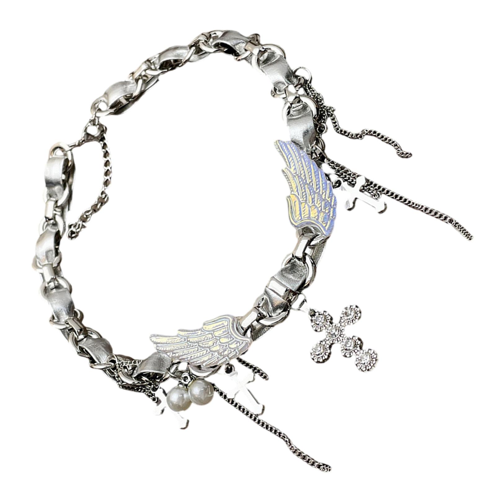 

Adjustable Wing and Crucifix Pendant Necklace Handmade Choker Silver Tassels Neckchain Jewelry for Fashion Lovers