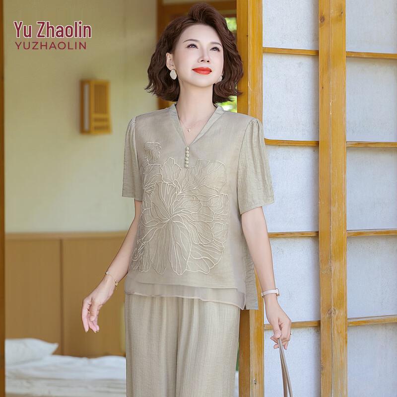 Yuzhaolin Mid-Aged Women s Retro Embroidered Summer Two-Piece Set 4XL