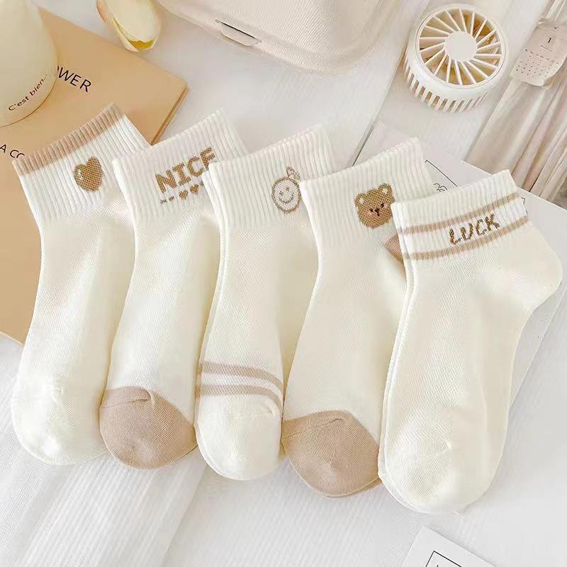 5 pairs/Pack Spring Summer Women's Socks Cute Short Socks Korean Style Bear Smile Face Letters Print Ankle Socks