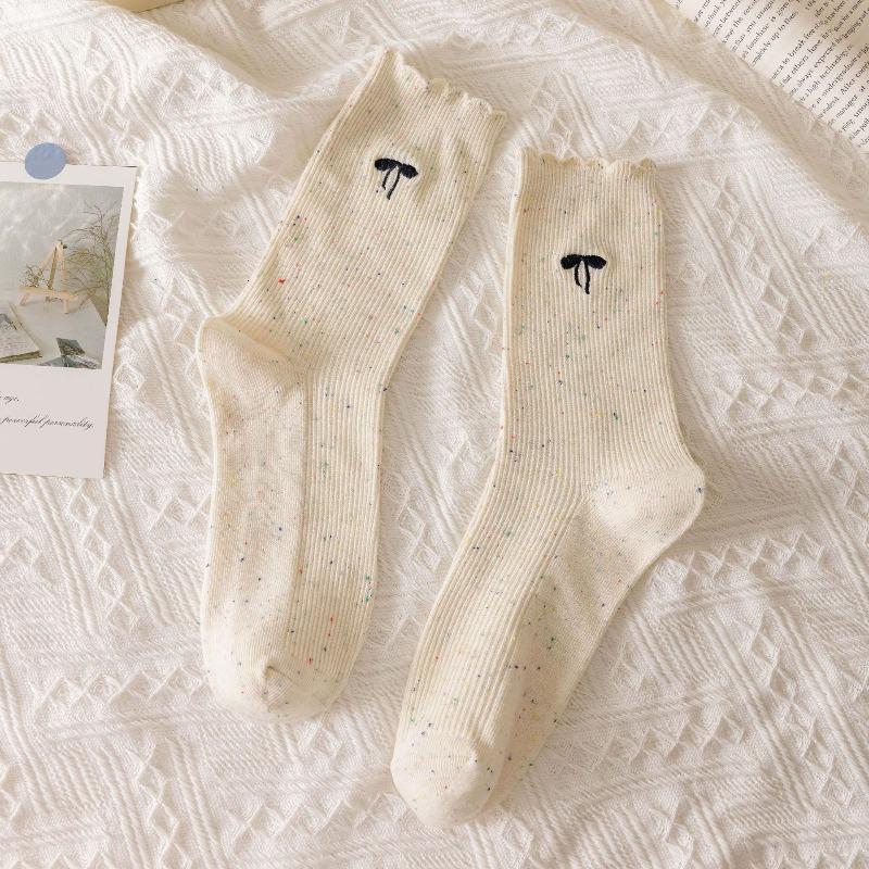 Pointed Yarn Pile Socks - Children's Autumn and Winter Embroidered Bow Tie Mid-calf Socks, Trendy and Versatile Lace Long Socks