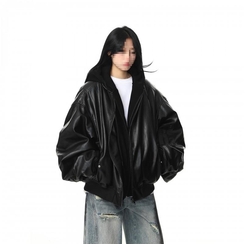 Giacca Nera Oversize in Pelle Unisex Autunno Casual Streetwear Corta Corta con Cappuccio Stile Biker