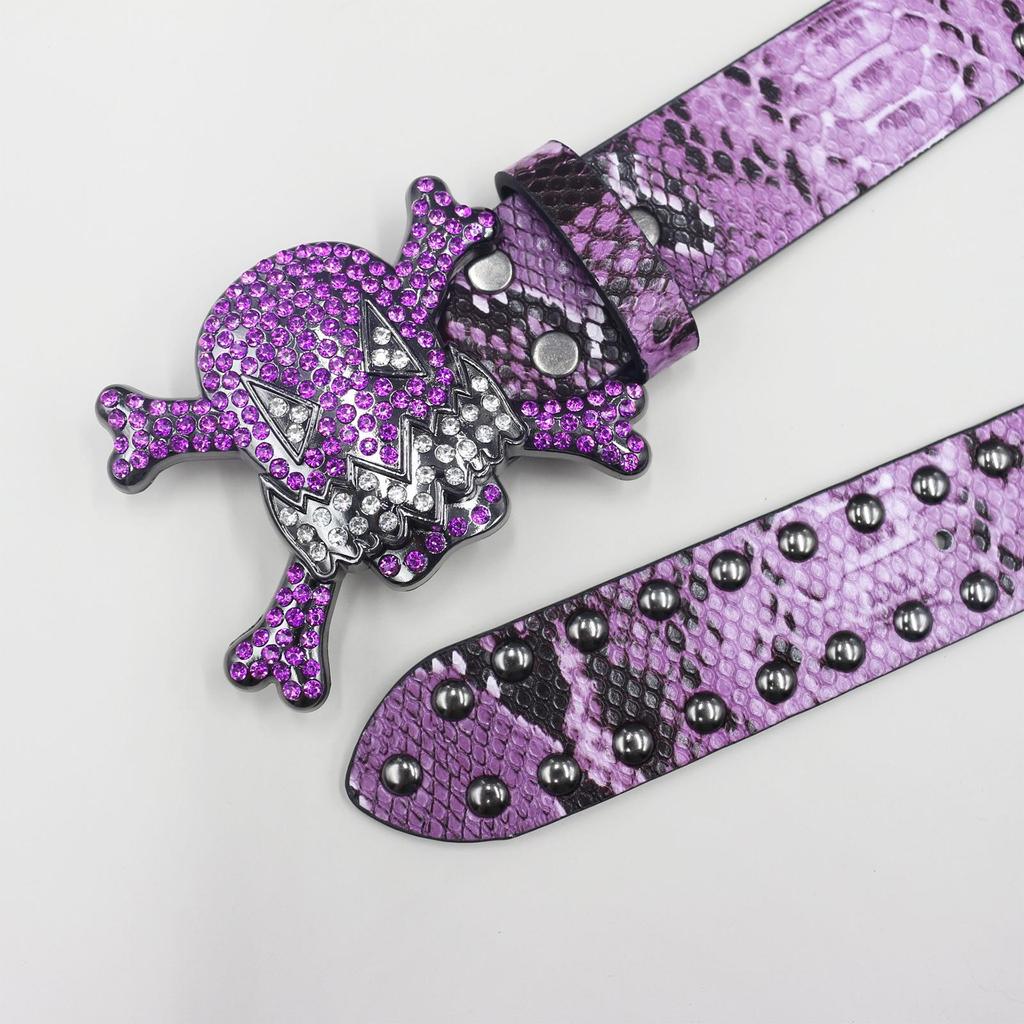Unisex Y2K Rhinestone Skull Punk Belt with Rivet and Python Skin Design