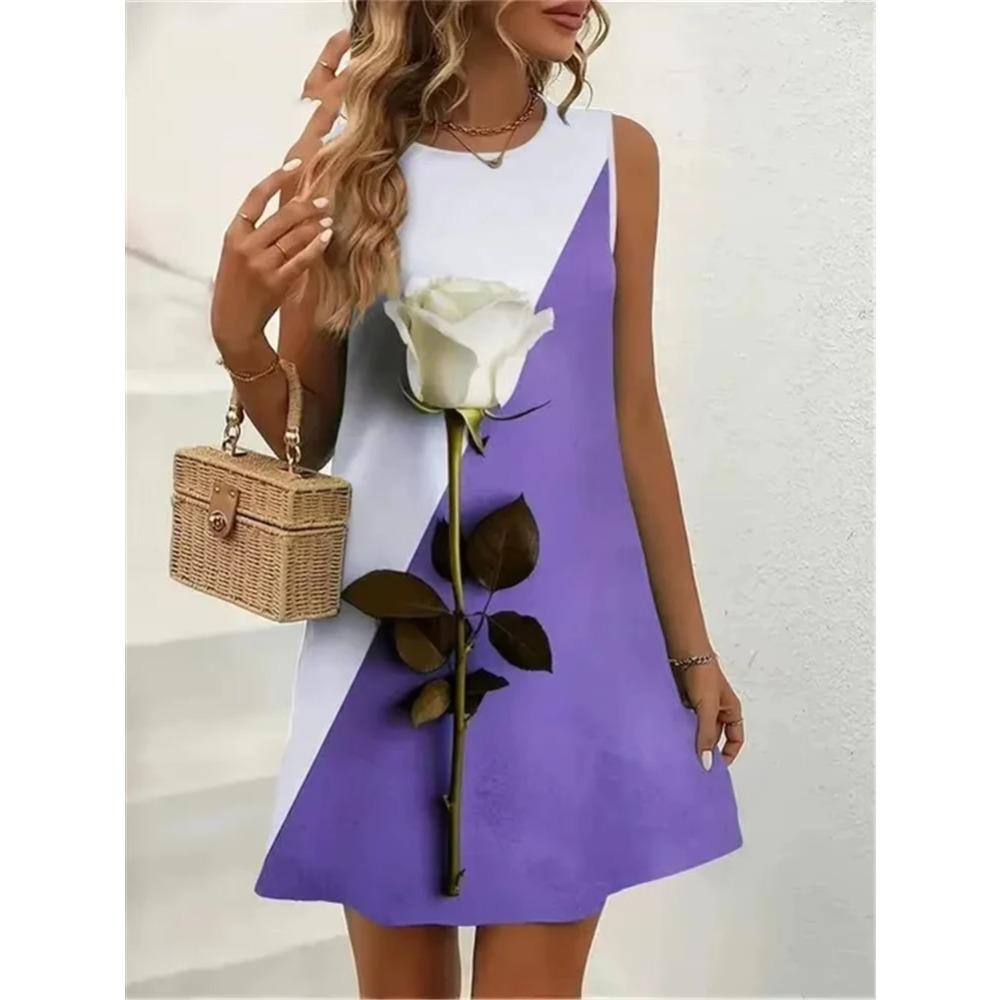 Women's Summer Sleeveless Floral Print Dress Casual Pocketless Plus Size Fashionable Loose Breathable Dress