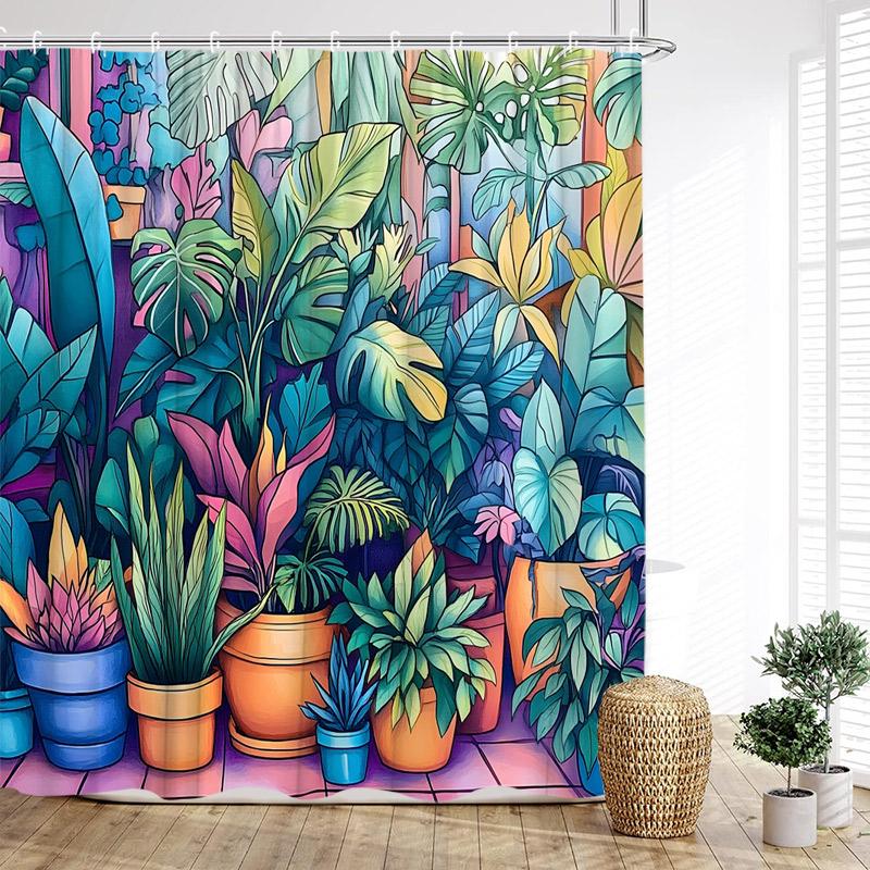

Tropical Leaves Shower Curtains Colourful Bonsai Monstera Leaf Watercolour Plants Bath Curtain Fabric Bathroom Decor With Hooks 90x180cm-35x70in