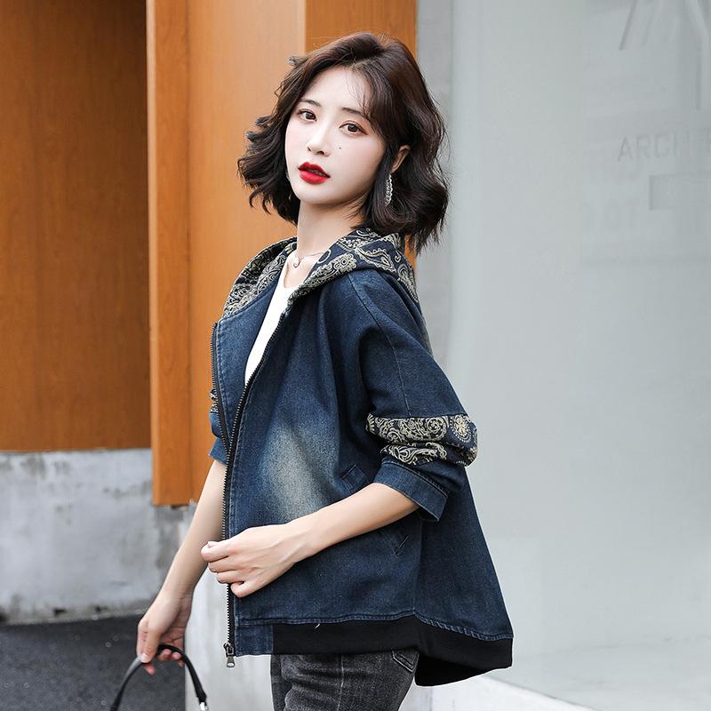 Retro Print Casual Hooded Denim Jacket Women's Spring Autumn Loose plus Size Baseball Style Coat Large Jacket