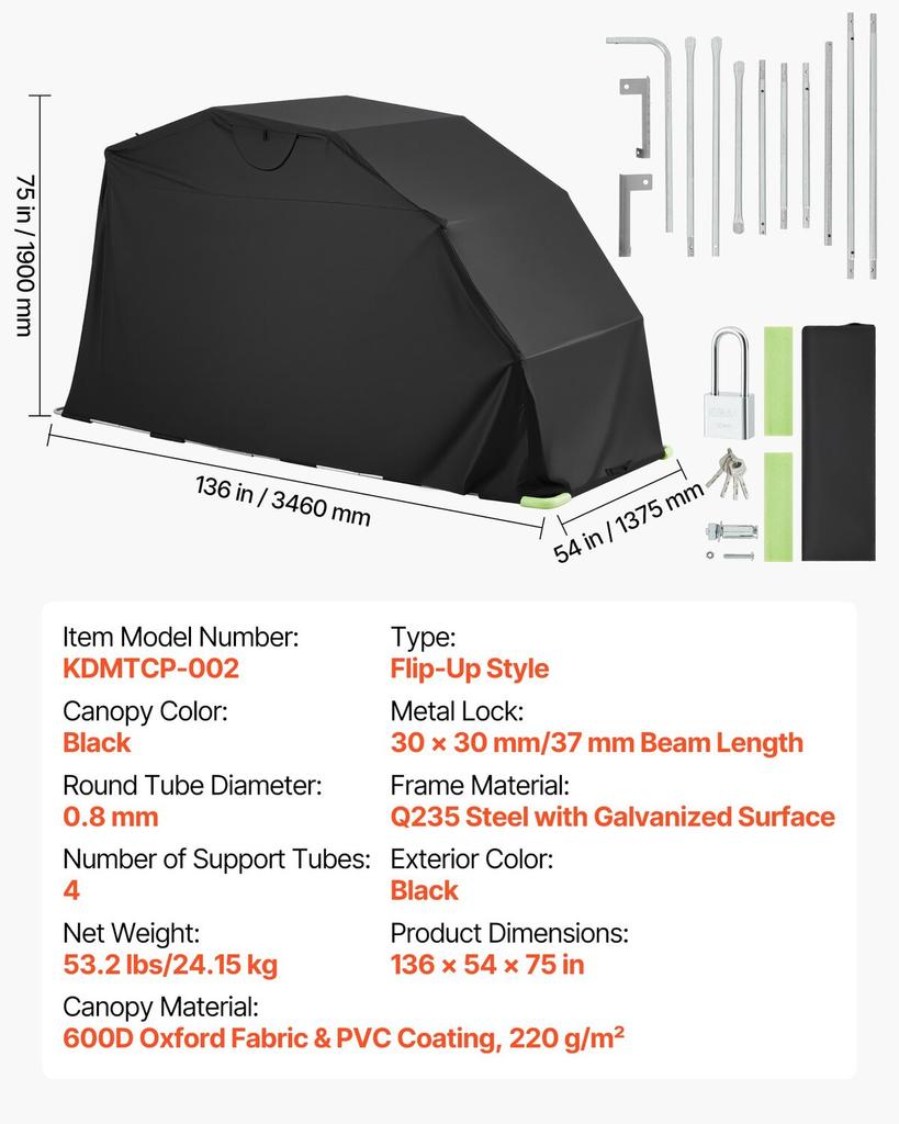Motorcycle Storage Shelter with Security Lock, 600D Oxford Flip-Up Garage Tent, Heavy-Duty All-Weather Motorcycle Cover with Ventilation Windows,