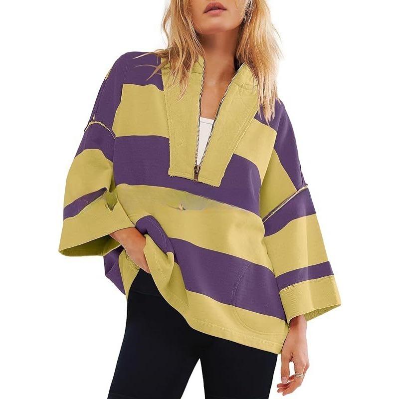 Women's Oversized Striped Shirt Half Zip Sweatshirt Patchwork V Neck Top Casual Loose Pullover