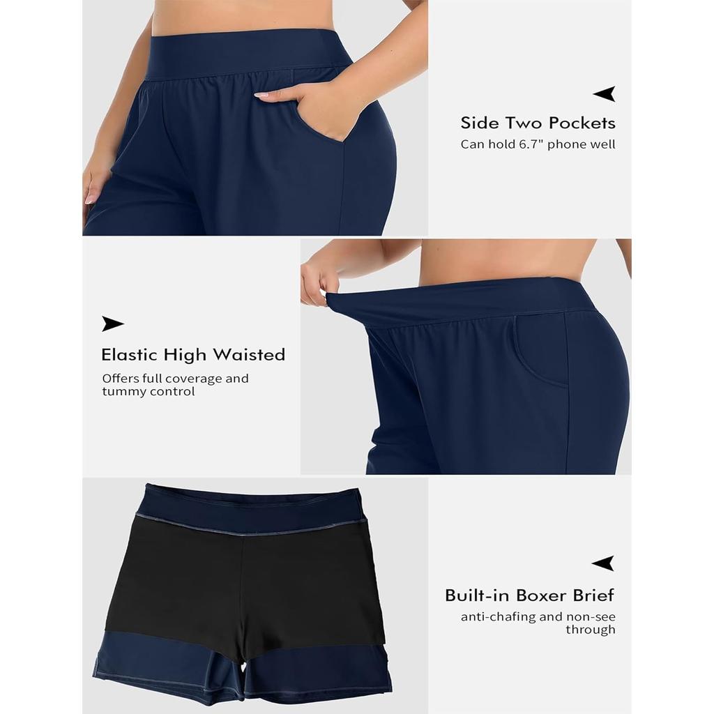 CHARMLEAKS Plus Size Swim Shorts for Women High Waisted Board Shorts Tankini Swimsuit Bottom with Pockets