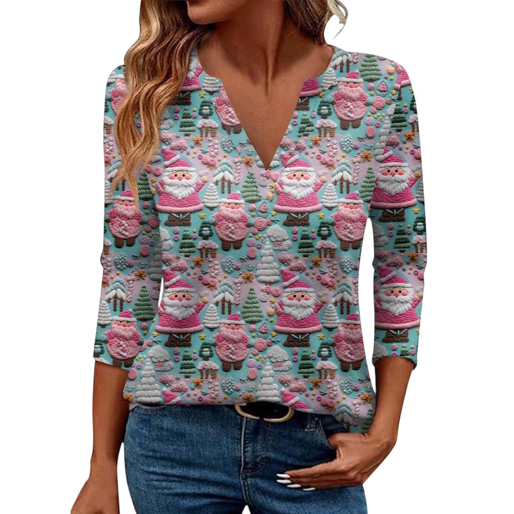 Women's Casual Fashionable Sexy Comfortable V-Neck Christmas Three-Quarter Sleeve Top