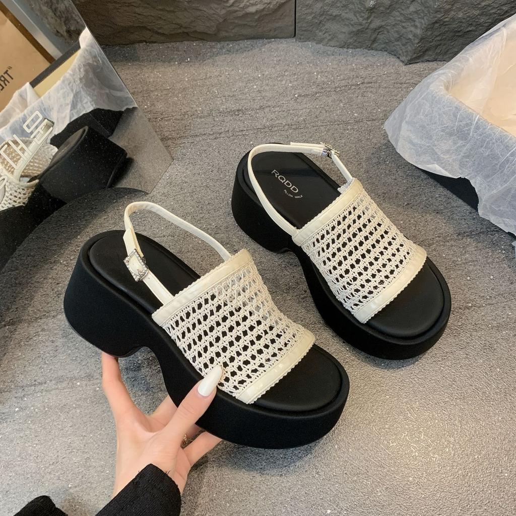 French hollow fishing net breathable muffin Roman shoes women's 2025 new summer woven retro thick-soled wedge sandals