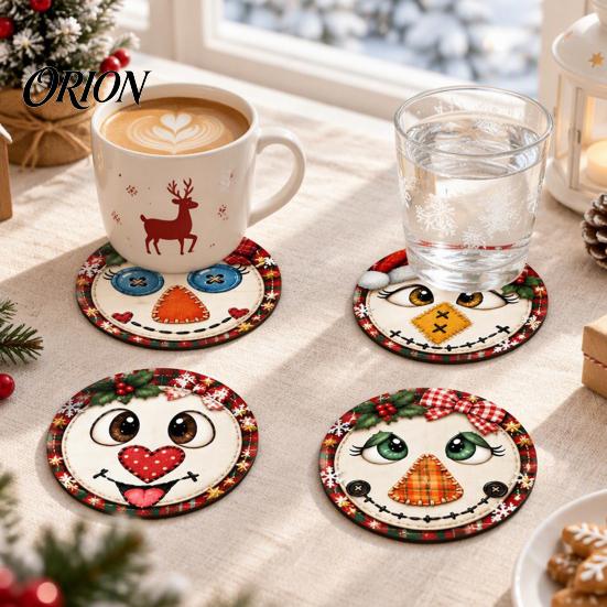Rustic Wooden Coasters 4Pcs Christmas Snowman Coasters, Cute Face Drink Cup Natural Wood Mats, Heat Resistant UV Printed Tabletop Holiday Decorations