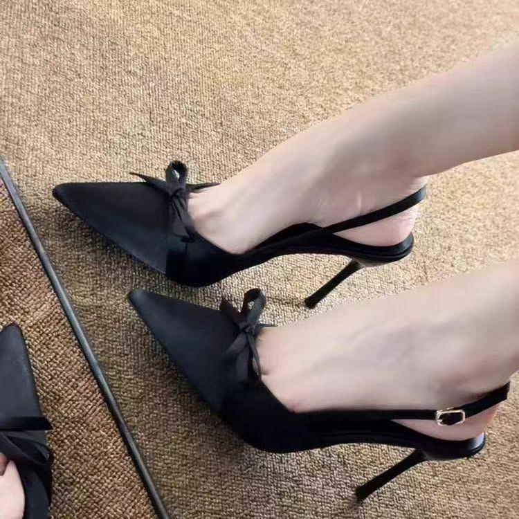 

Bow high heels women s thin heels spring and summer 2025 new bag head satin rear air temperament sandals pointed single shoes 35