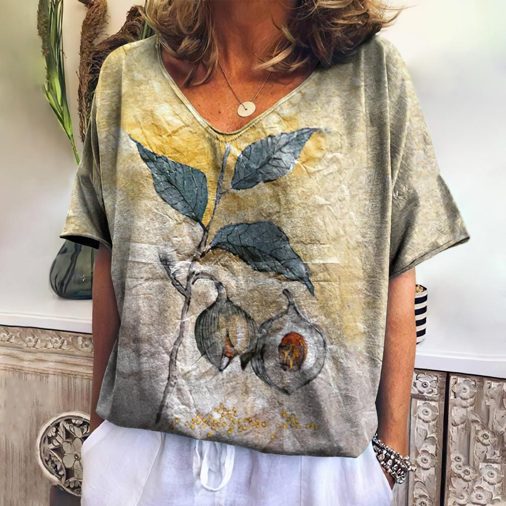 

Футболка с 3D-принтом цветов Женская модная ретро-цветочная уличная одежда Блузка с коротким рукавом и V-образным вырезом XXXL