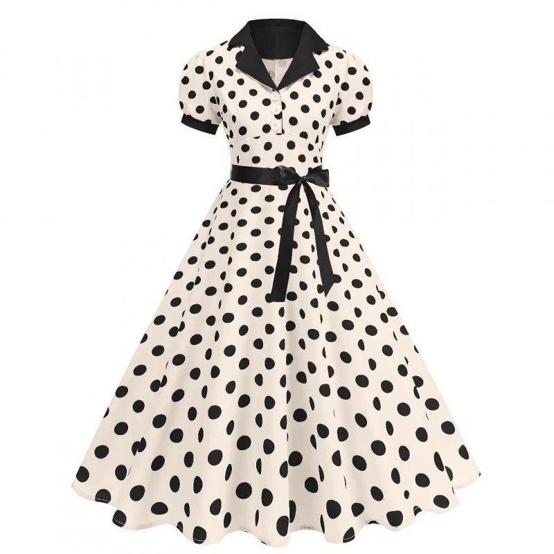 Polka Dot French Retro Hepburn Dress with Shirt Collar