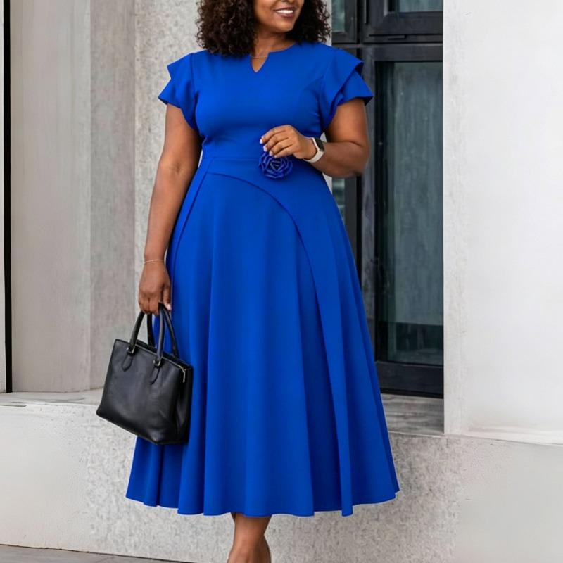 Plus Size High Waist Mid Length Big Hem Elegant A Line Women Summer Dress