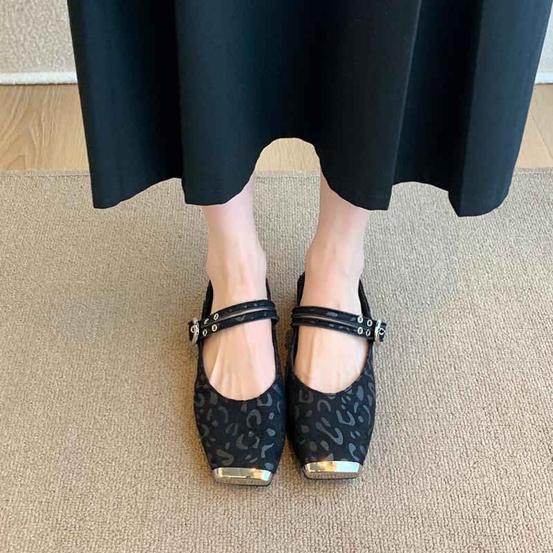 Fashion Studded One Strap Low Heel Shoes New Square Toe Shallow Mouth Leopard Suede Single for Autumn