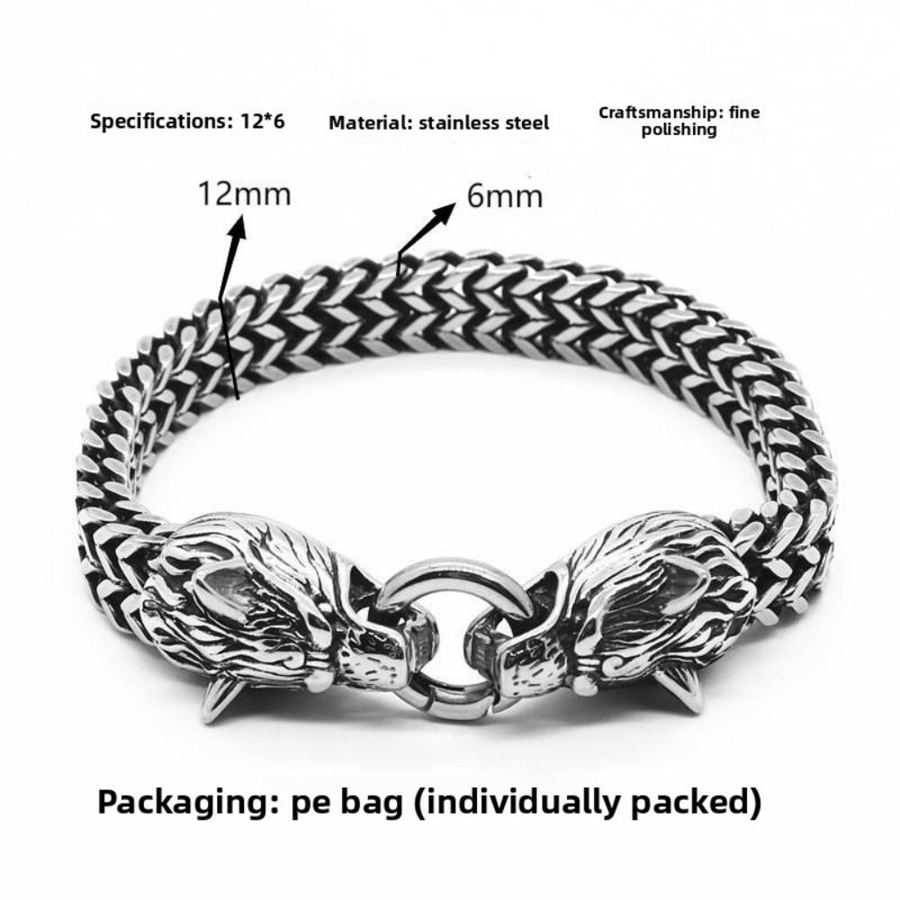 Viking Wolf Head Bracelet for Men Stainless Steel Chain Link Retro Handmade Jewelry Gift