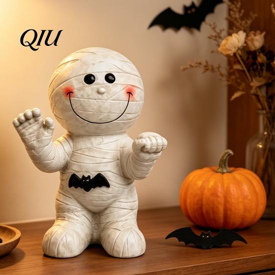 Halloween Desktop Decoration Resin Mummy Atmosphere Light, Smiling Statue with Small Tabletop Bat Decor, Cartoon Figurine Light for Ornament Decor