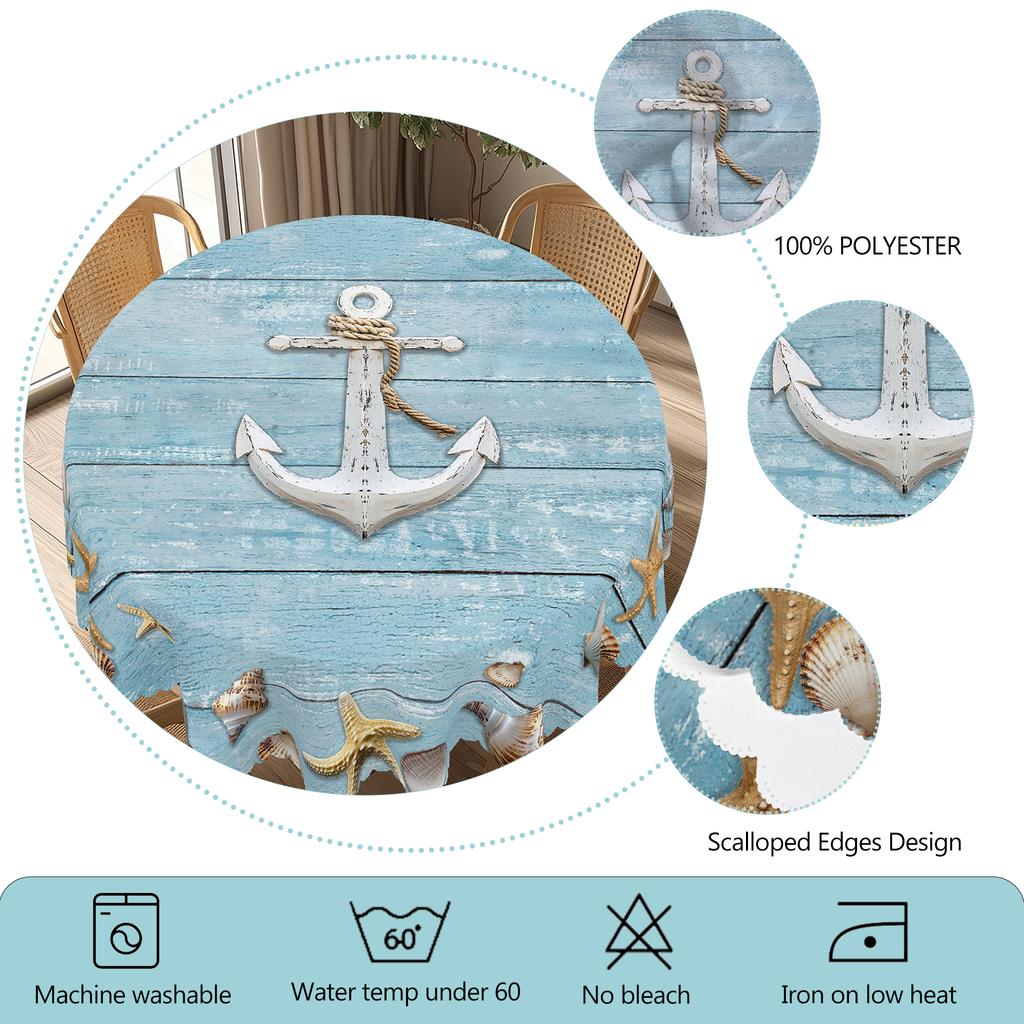 1 Stück Sommer Ozean Thema bedruckte Tischdecke, Retro Landhausstil, Holzbrett, Muschel, Ankermuster Design, Geeignet für Frühling und S