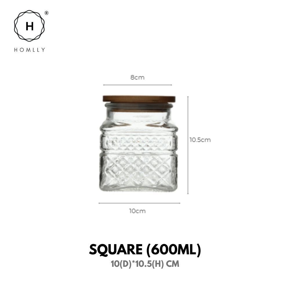

HOMLLY Скляні контейнери для зберігання їжі Qutto з тисненням та бамбуковою кришкою (X3ШТ) Square (600ml) X3