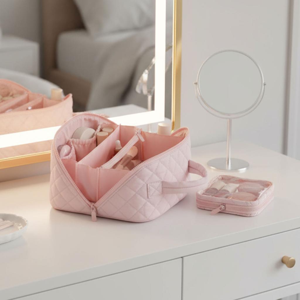 Travel Makeup Bag Open Flat Portable Pouch Purse with Brush Compartment & Handle Toiletry Bag Pouch Wash Bag for Women and Girls