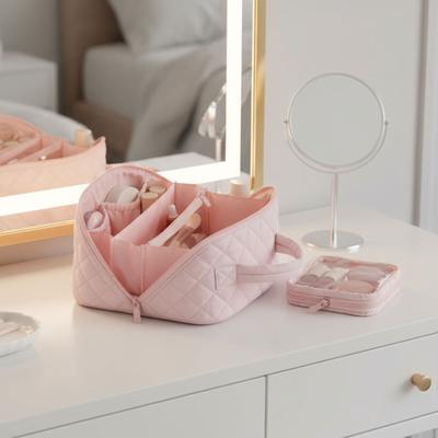 Travel Makeup Bag Open Flat Portable Pouch Purse with Brush Compartment & Handle Toiletry Bag Pouch Wash Bag for Women and Girls