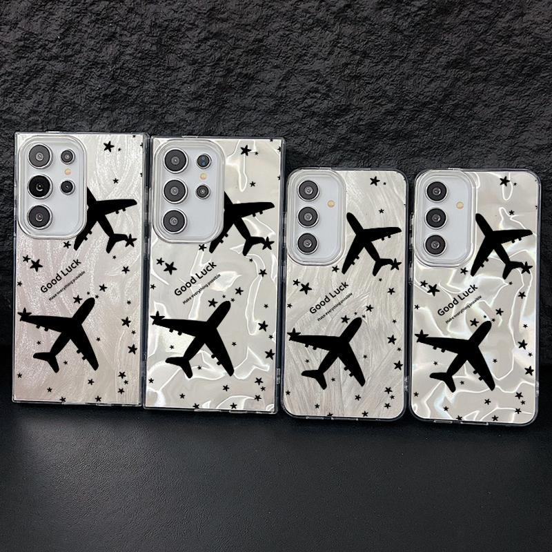 Airplane Pattern Sparking Glitter Slim Phone Case For Samsung S25 Ultra S24 FE S23 A16 A56 A36 A55 TPU Clear Soft Edge Shockproof Hard PC Bumper Cover