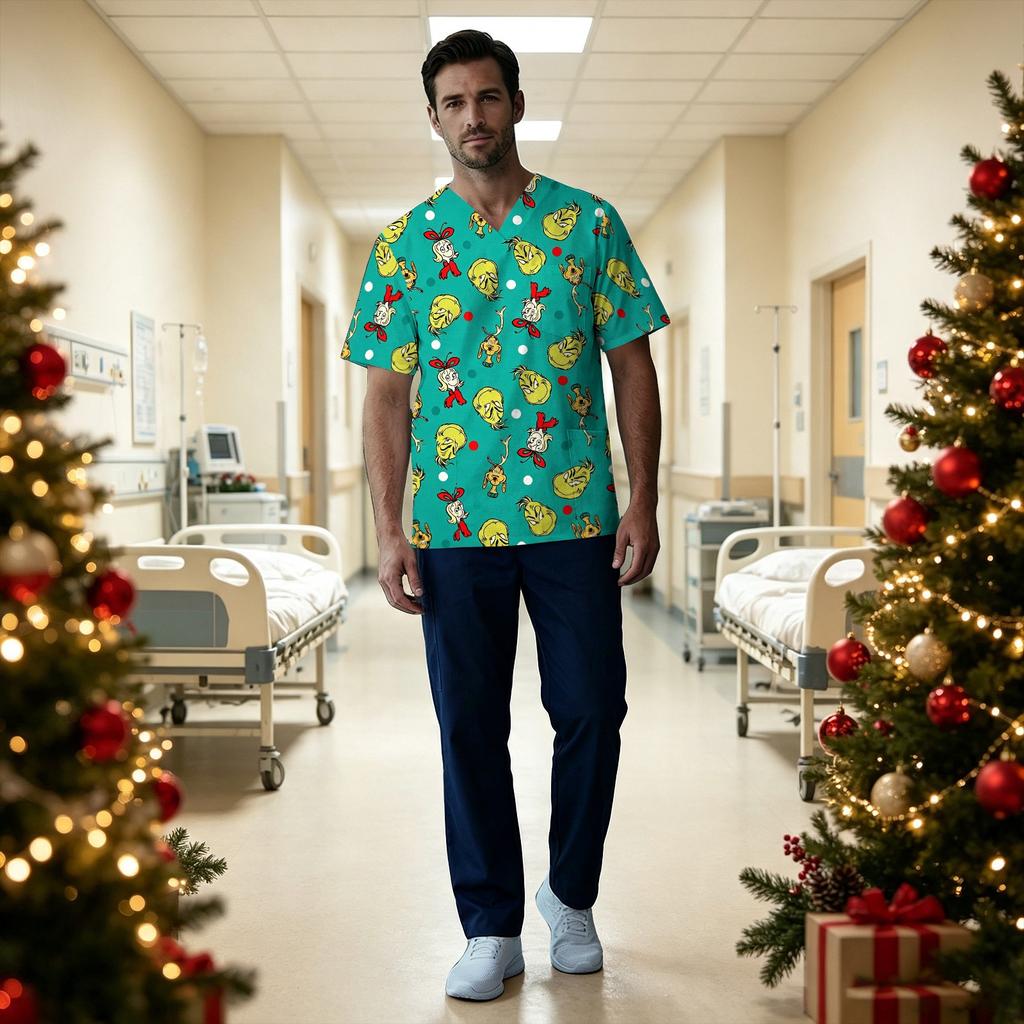 Men's Short Sleeve V-Neck Christmas Print Uniform Top with Chest Pocket