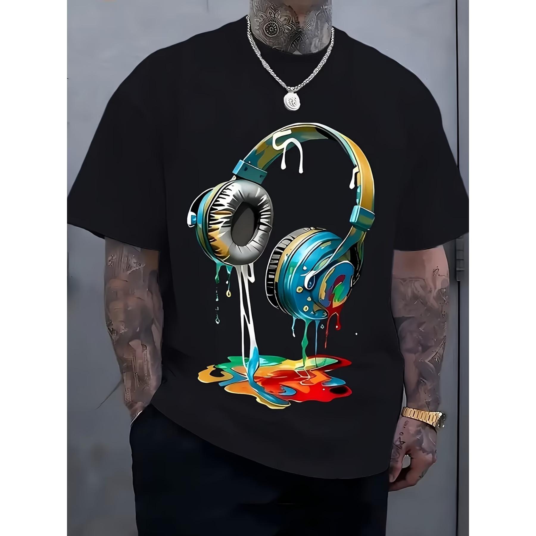 

Men S Casual Streetwear T-Shirt Featuring A Lively Design of Headphones and Paint Splatters XXL