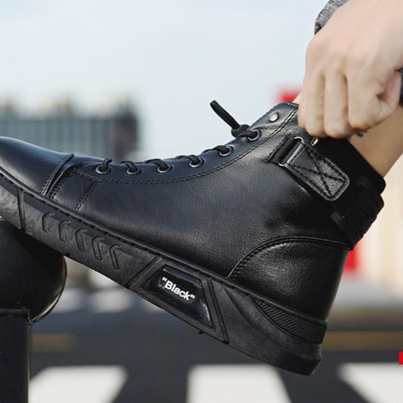 Fashion High Top Men's Leather Boots British Style Platform Boots for Men Fleece and Warm Soft Soled Men's Boots Resistant Shoes