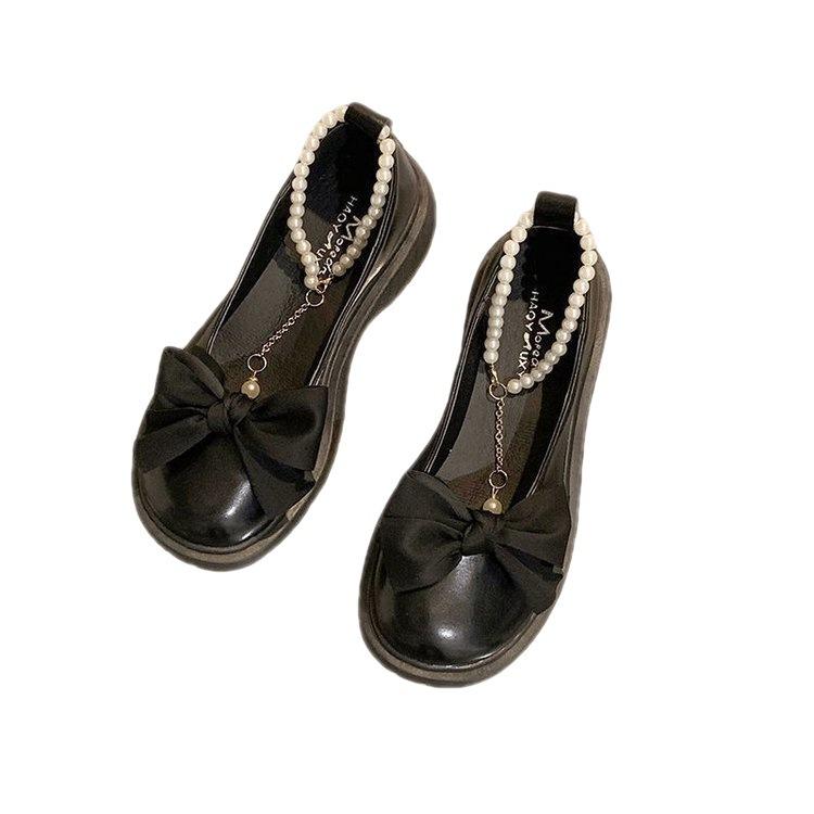 Mary Jane Small Leather Shoes Women's Thick Heel Thick Sole Heightening Japanese Jk Round Head Bow Pearl Chain Loafers
