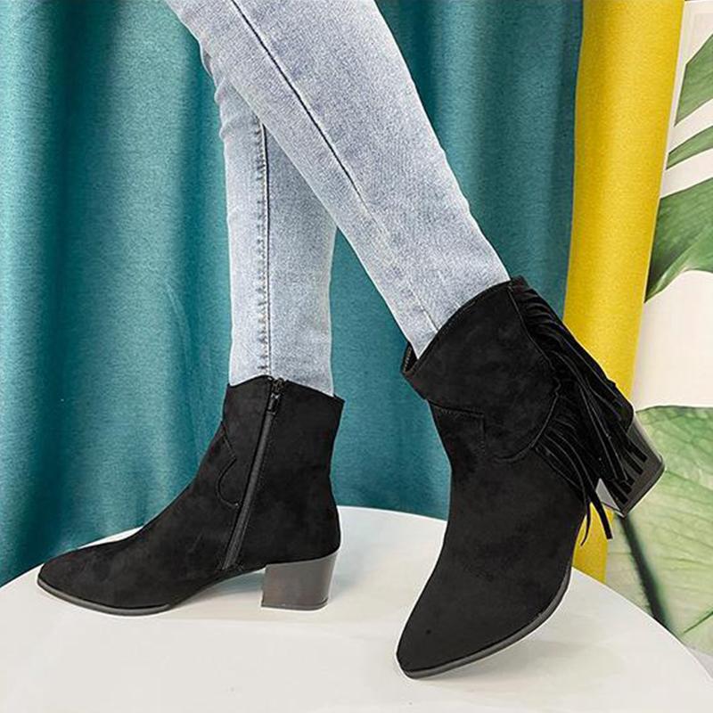 Botines de Tobillo de Moda para Mujer Punta Puntiaguda Tacón Medio Plataforma Zapatos Borlas Nuevos Casuales Femeninos Ante Sintético Otoño Botines Cortos para Mujeres